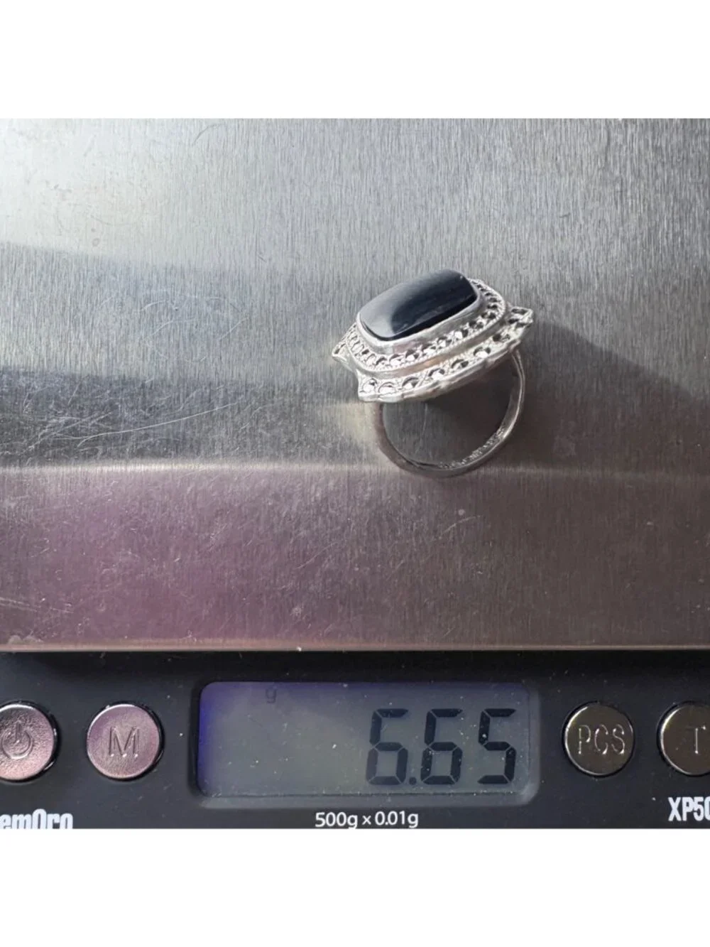 Black Onyx Bezel Set Sterling Silver 925 & Marcasite Ring Size 5.25